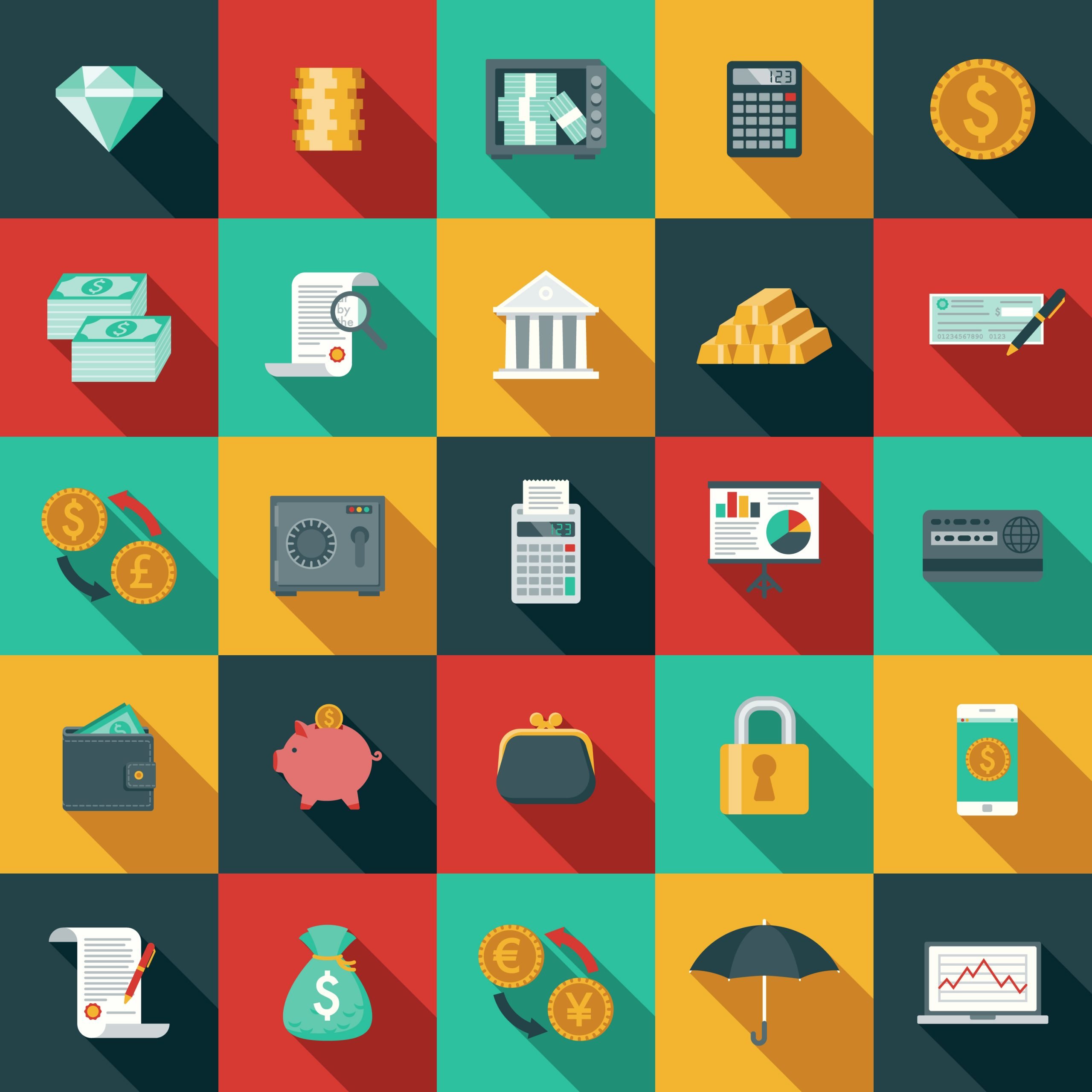 Flat Design Banking and Finance Icon Set with Side Shadow | Fintech Finance