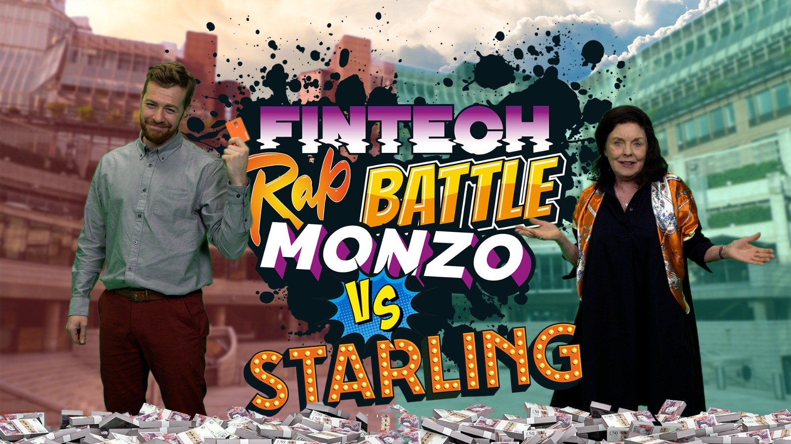 Tom Blomfield and Anne Boden face off in a fintech-themed rap battle representing Monzo and Starling challenger banks.