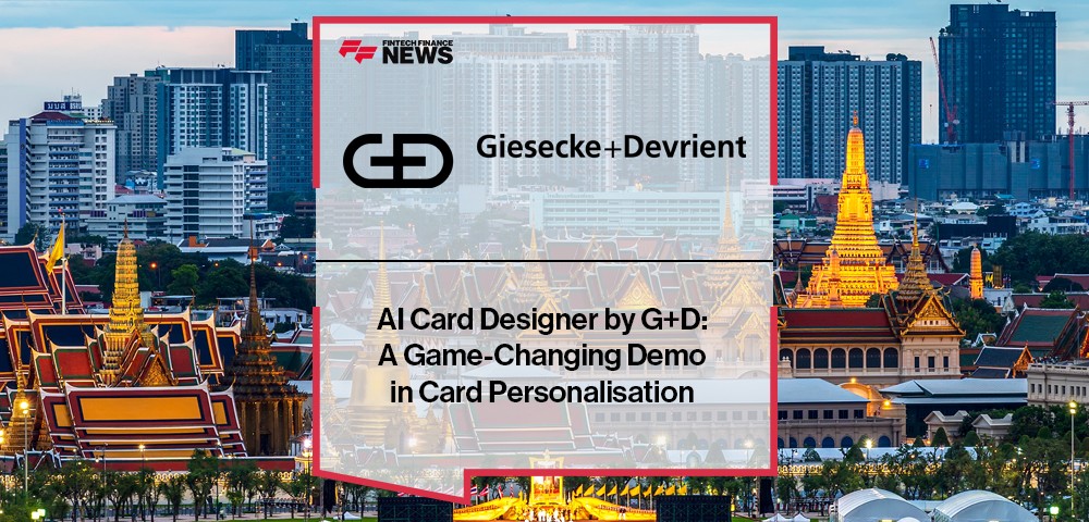 Kelvin Deng from G+D Singapore demonstrates AI Card Designer tool for personalized debit and credit card design using AI at a fintech event.